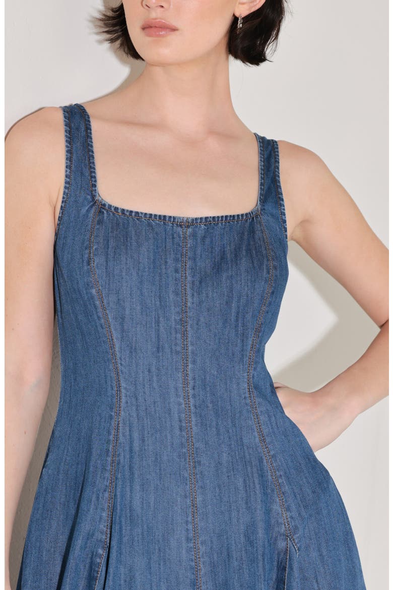 Square Neck A-Line Denim Midi Dress, Alternate, color, MEDIUM INDIGO