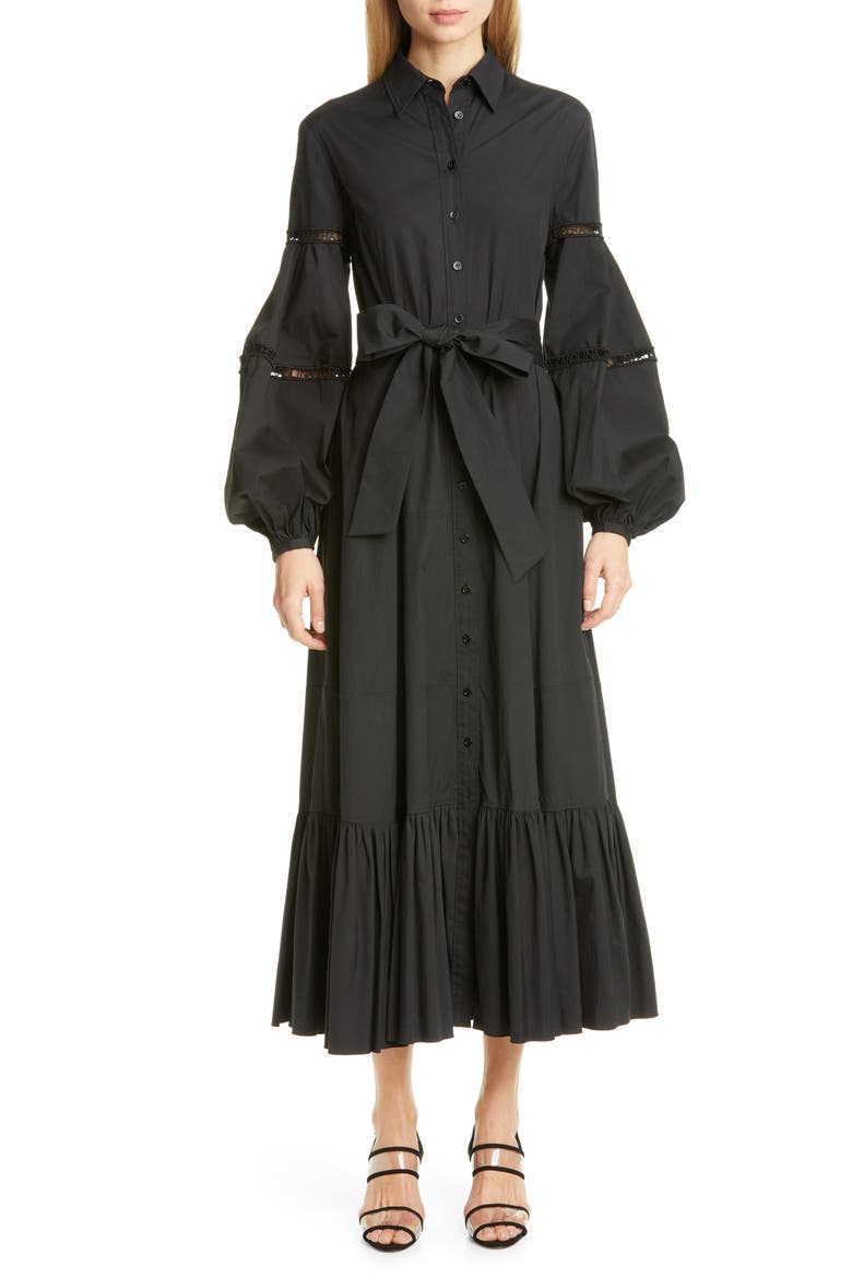 Logo Trim Long Sleeve Maxi Shirtdress, Main, color, BLACK