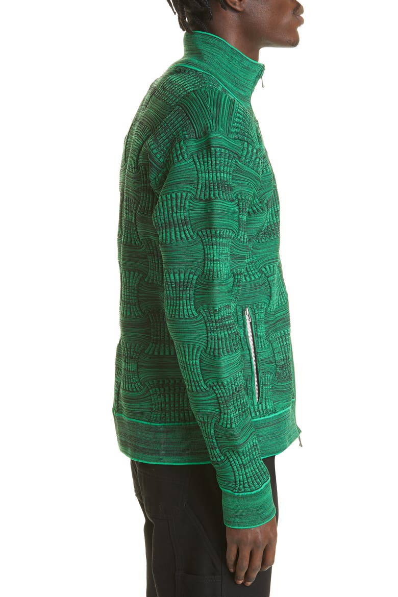 Stand Collar Zip Front Recycled Polyester Rib Sweater, Alternate, color, BLACK/ PARAKEET