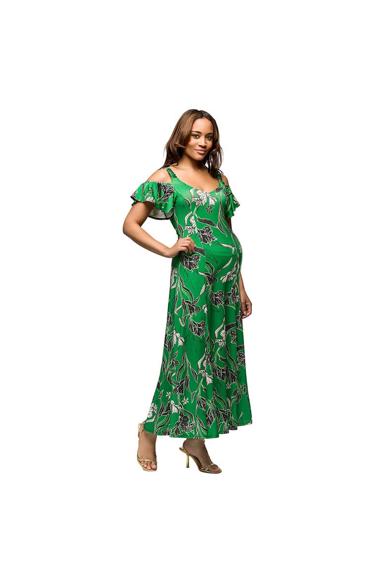 Maternity Green Floral Cold Sholder Ruffle Sleeve A-Line Maxi Dress, Alternate, color, Green Multi
