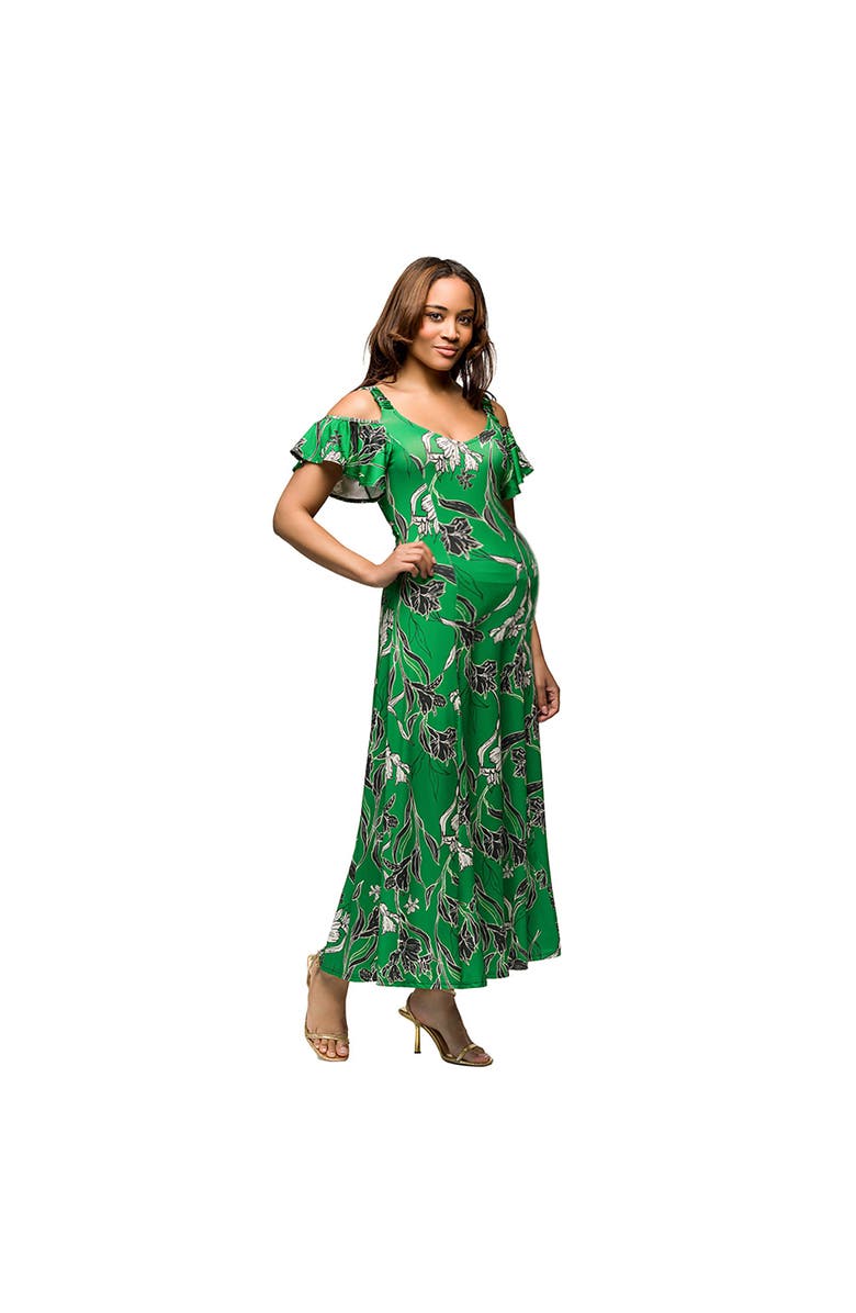 24seven Comfort Apparel Maternity Green Floral Cold Sholder Ruffle Sleeve A-Line Maxi Dress, Alternate, color, Green Multi