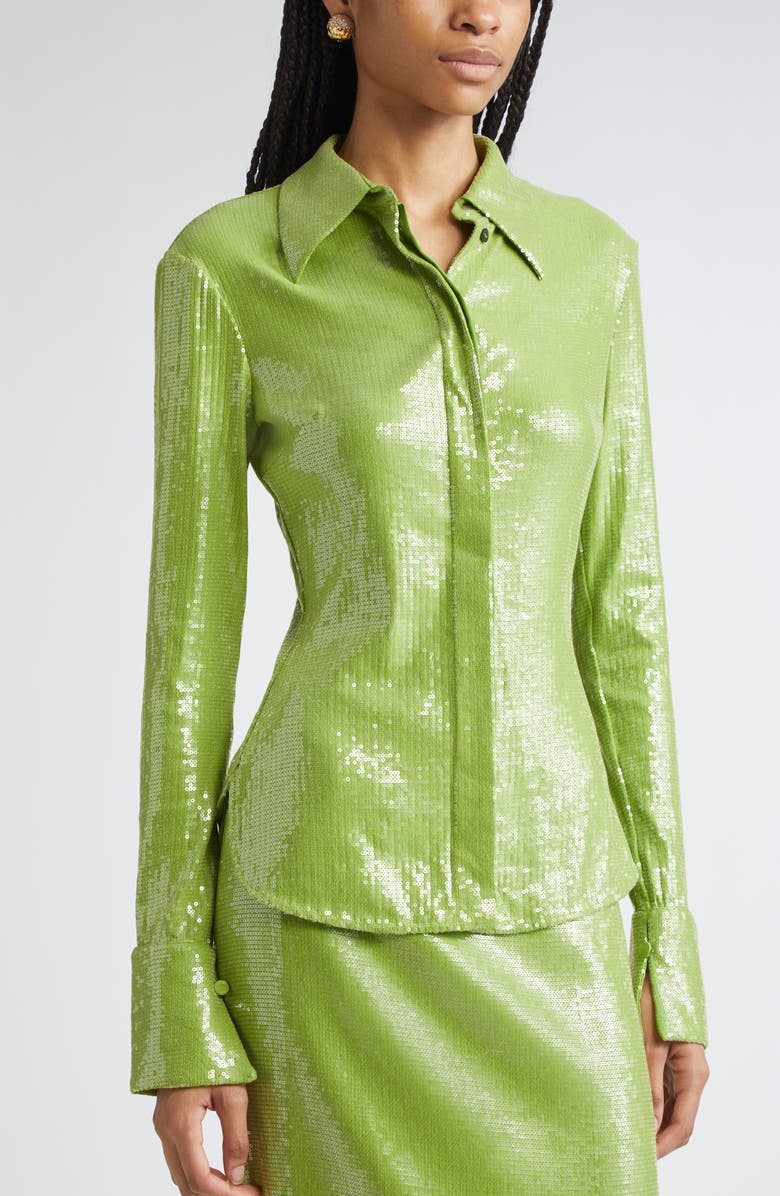 Oscar de la Renta Sequin Jersey Button-Up Shirt, Alternate, color, Fern