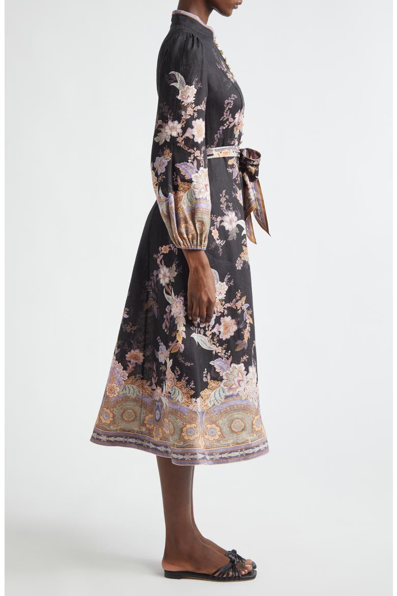 Luna Paisley Print Long Sleeve Linen Midi Dress, Alternate, color, MIDNIGHT PAISLEY