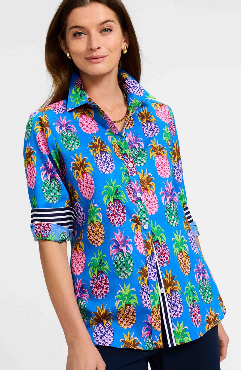 Foxcroft Zoey Pineapple Print Cotton Button-Up Shirt, Alternate, color, Blue Multi