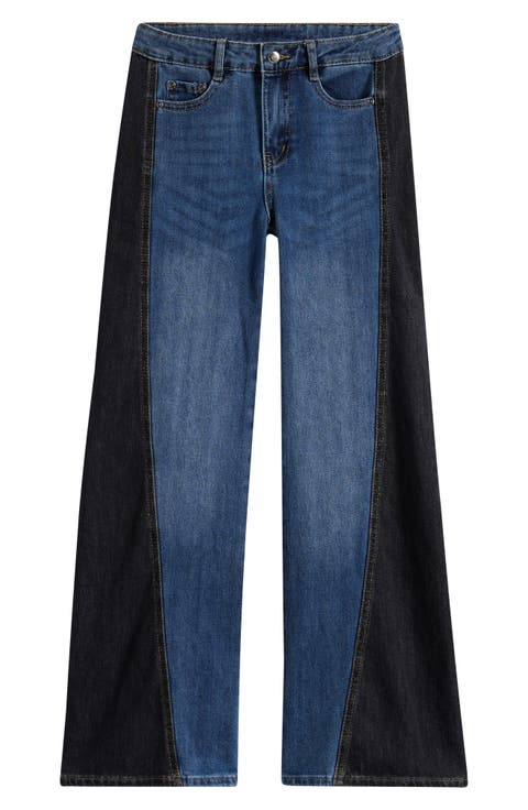 Kids' Wide Leg Contrast Panel Jeans (Big Kid)