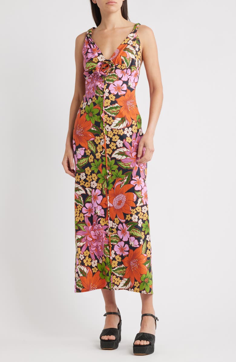 FARM Rio Vivi Rosette Detail Floral Linen Blend Maxi Dress, Main, color, Black/ Pink/ Orange Multi