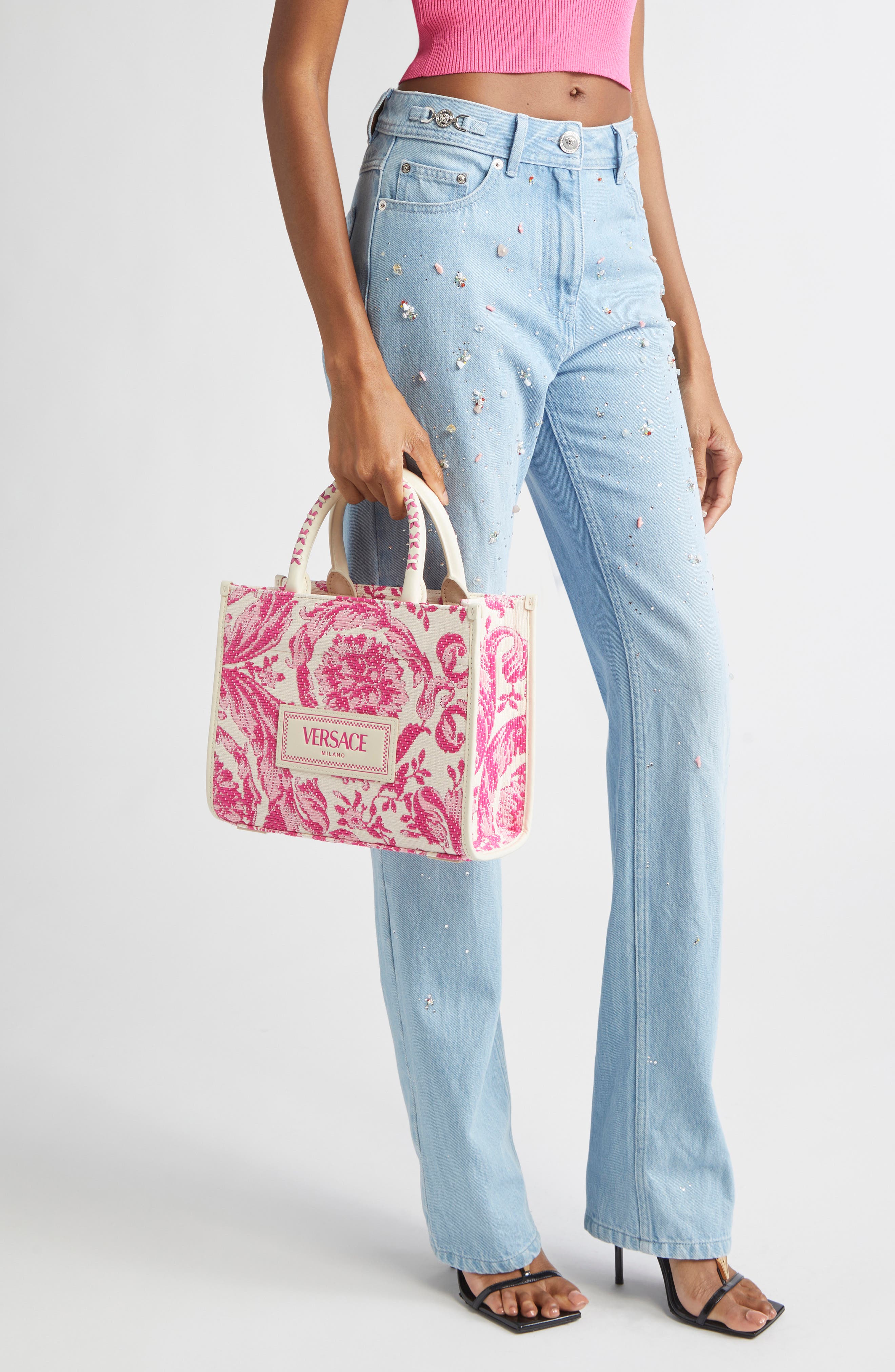 Versace Small Barocco Raffia Tote, Alternate, color, 