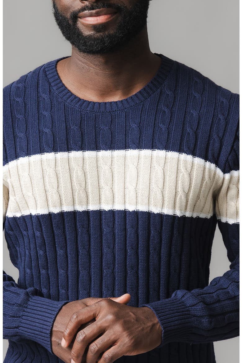 Organic Crew Neck Cable Sweater, Alternate, color, Navy Chest Stripe
