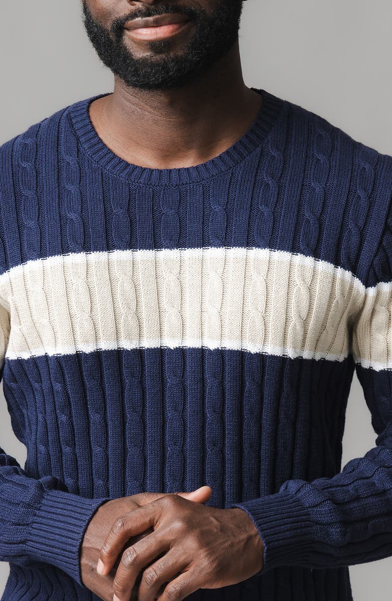Hope & Henry Organic Crew Neck Cable Sweater, Alternate, color, Navy Chest Stripe