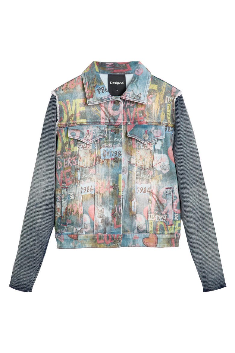 Graffiti Ribbed Sleeve Trucker Jacket, Alternate, color, LIGHT BLUE