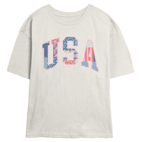 Junior's USA Patchwork Fill Short Sleeve Skimmer T-Shirt