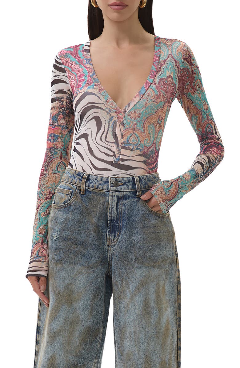 AFRM Harris Mixed Print Mesh Bodysuit, Main, color, 