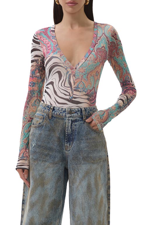 Afrm Harris Mixed Print Mesh Bodysuit In Multi