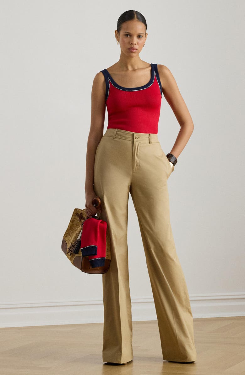 Lauren Ralph Lauren High Waist Wide Leg Cotton Twill Pants, Alternate, color, Birch Tan Beige