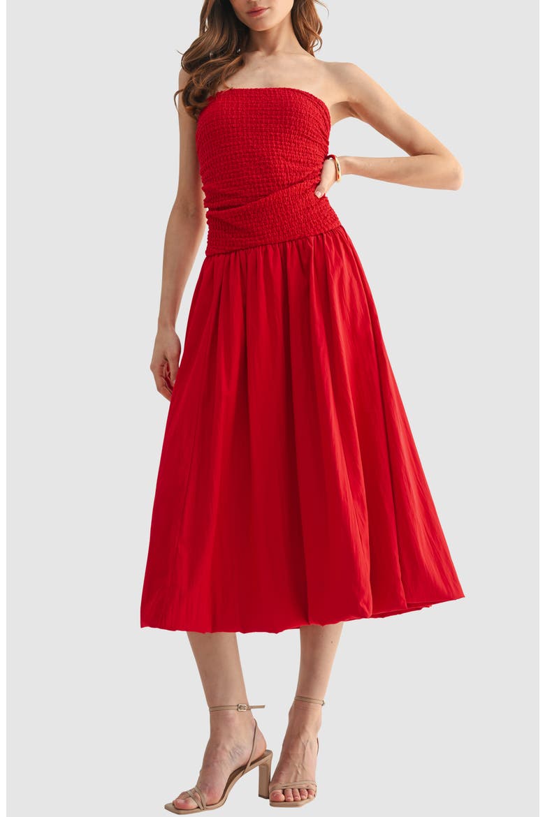 Strapless Bubble Hem Midi Dress, Main, color, RED