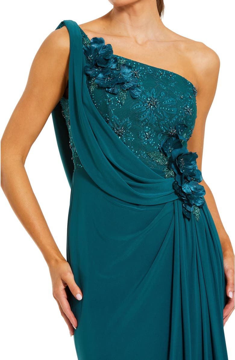 Mac Duggal Jersey One Shoulder Cowl Gown With 3D Flowers, Alternate, color, Ocean