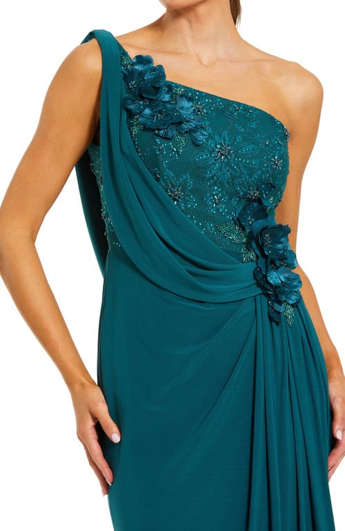Mac Duggal Jersey One Shoulder Cowl Gown With 3d Flowers In Blue
