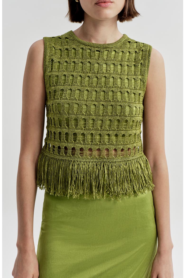 Esme Sleeveless Open-stitched Top with Fringe, Alternate, color, SAGE