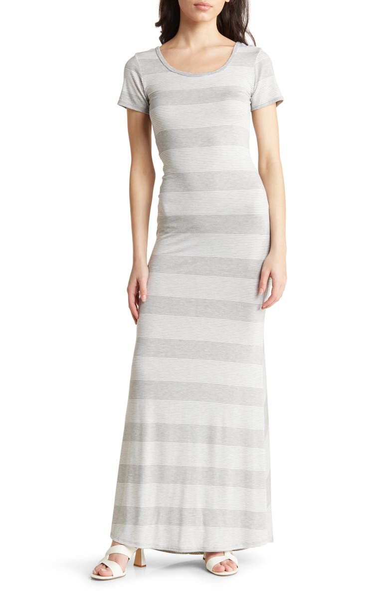 GO COUTURE Stripe Short Sleeve Rib Maxi Dress, Main, color, Heather Grey