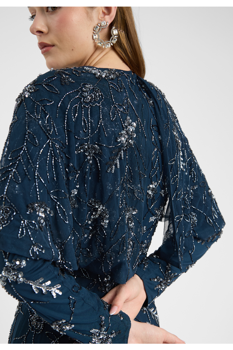 Modest Embellished Sequin Beaded Dress Maxi With Attacehd Cape, Alternate, color, NAVY