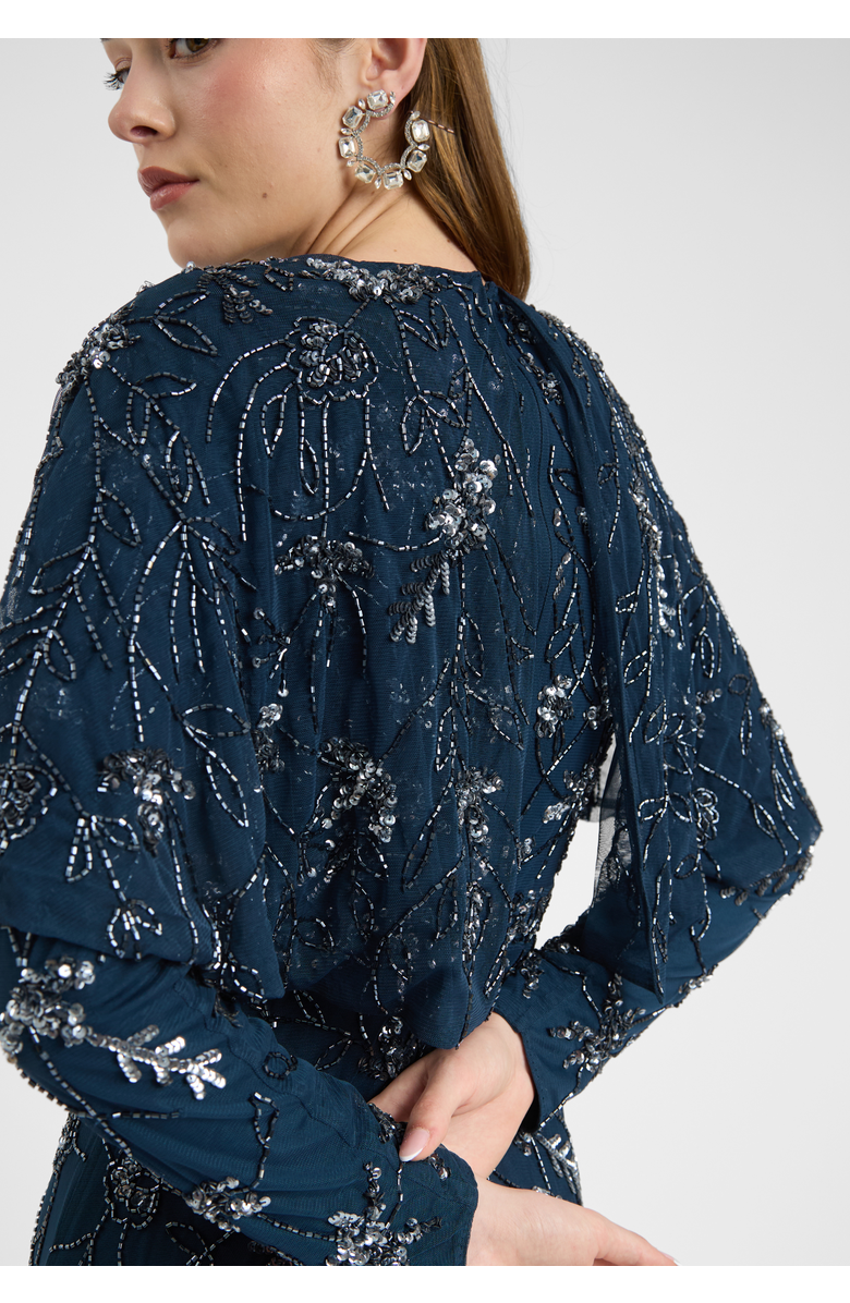 MARYISA Modest Embellished Sequin Beaded Dress Maxi With Attacehd Cape, Alternate, color, Navy