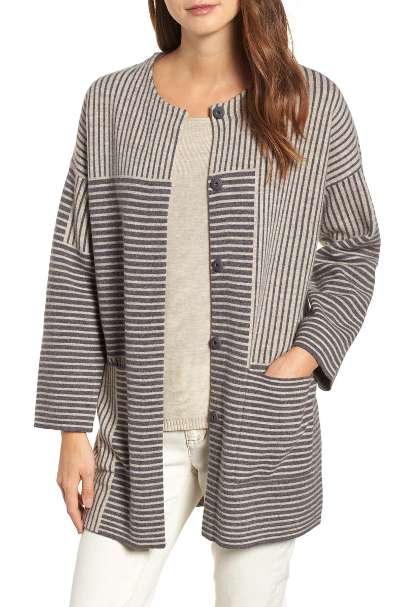 Eileen Fisher Stripe Merino Wool Cardigan, Main, color, 