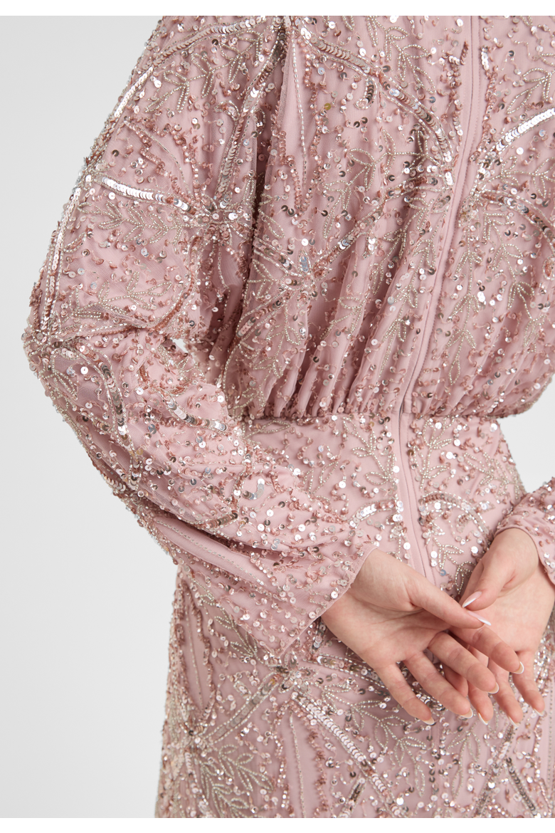 Modest Embellished Sequin Beaded Dress Maxi With long Flowey Sleeves, Alternate, color, FROSTED PINK