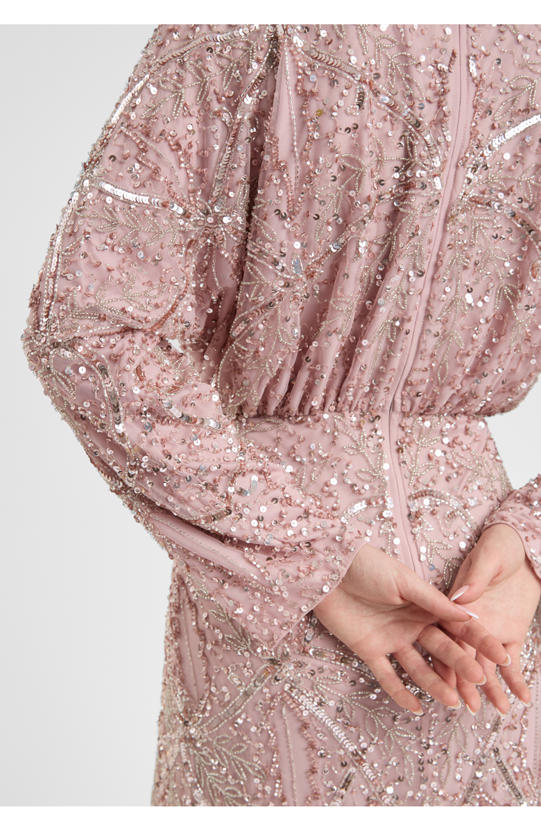 MARYISA Modest Embellished Sequin Beaded Dress Maxi With long Flowey Sleeves, Alternate, color, Frosted Pink