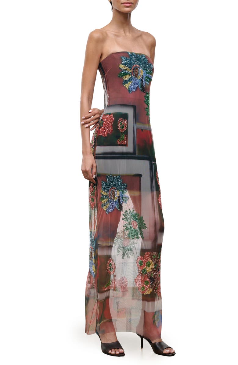 STAUD Lilian Floral Bead Detail Strapless Mesh Maxi Dress, Alternate, color, Superbloom