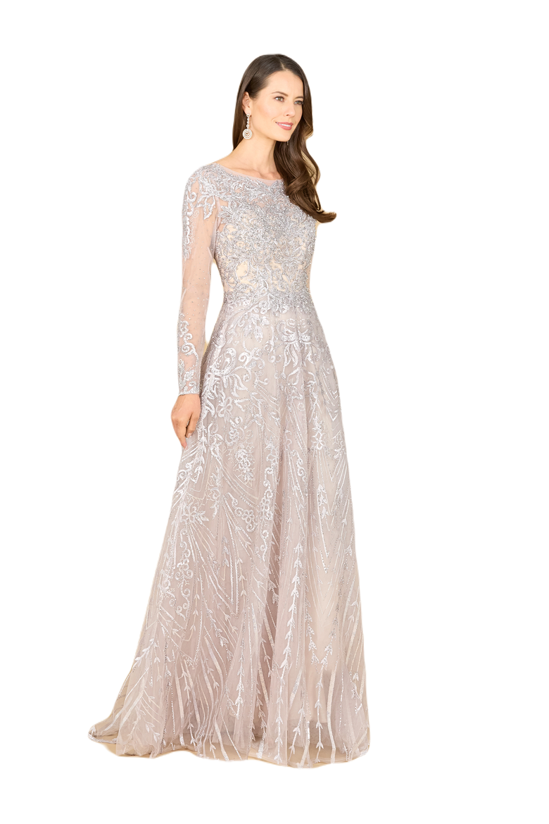 Long Sleeve High Neck Gown, Main, color, Fog