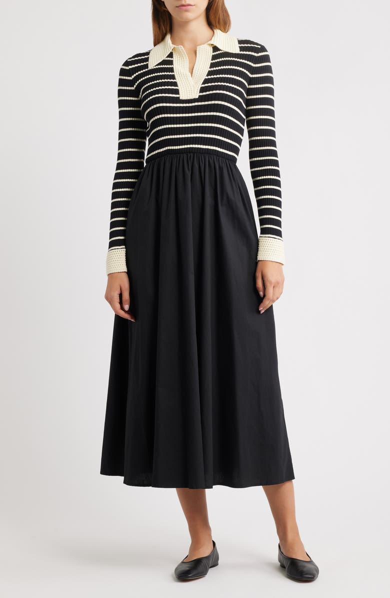 MOON RIVER Stripe Long Sleeve Twofer Midi Dress, Main, color, Black