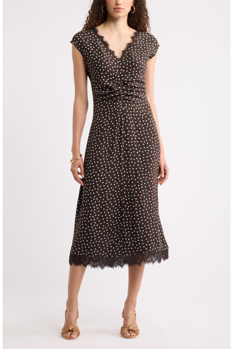 Lace Trim Midi Dress, Main, color, BROWN- IVORY QUYNH DOT