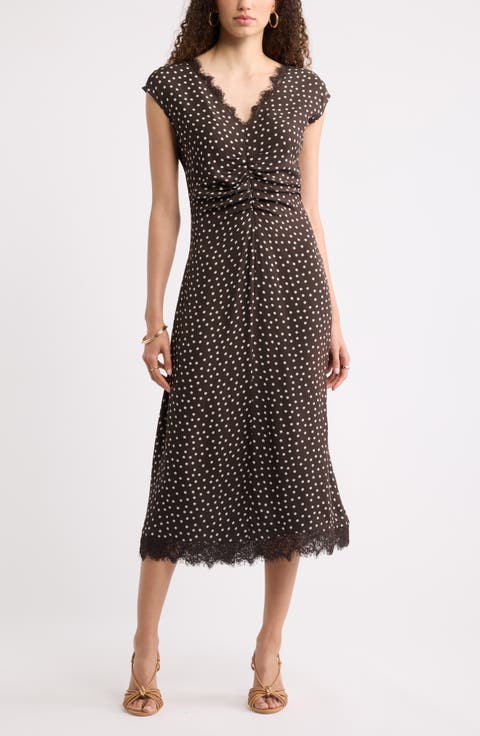 Lace Trim Leopard Print Midi Dress