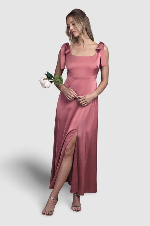 Satin Midi Tie Shoulder Bridesmaid Dress