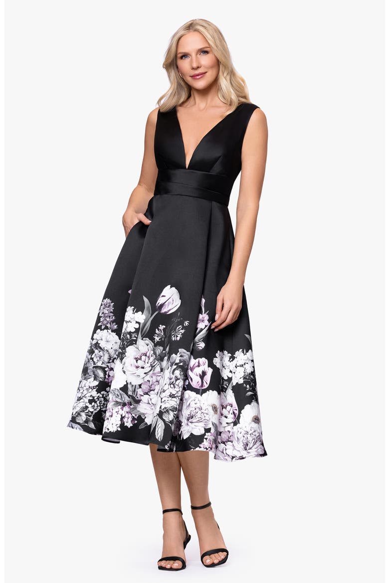 Floral Border Plunge Neck Cocktail Midi Dress, Alternate, color, BLACK/ CHARCOAL