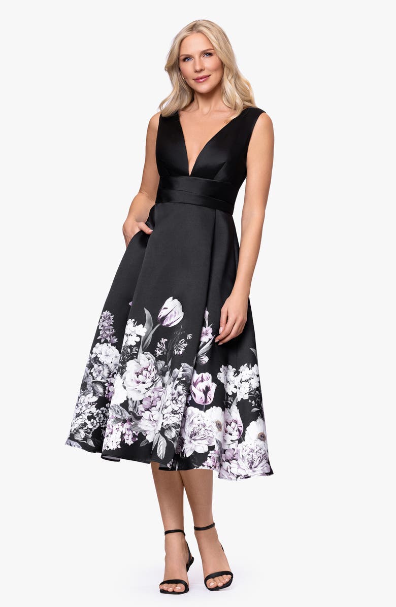 Betsy & Adam Floral Border Plunge Neck Cocktail Midi Dress, Alternate, color, Black/ Charcoal