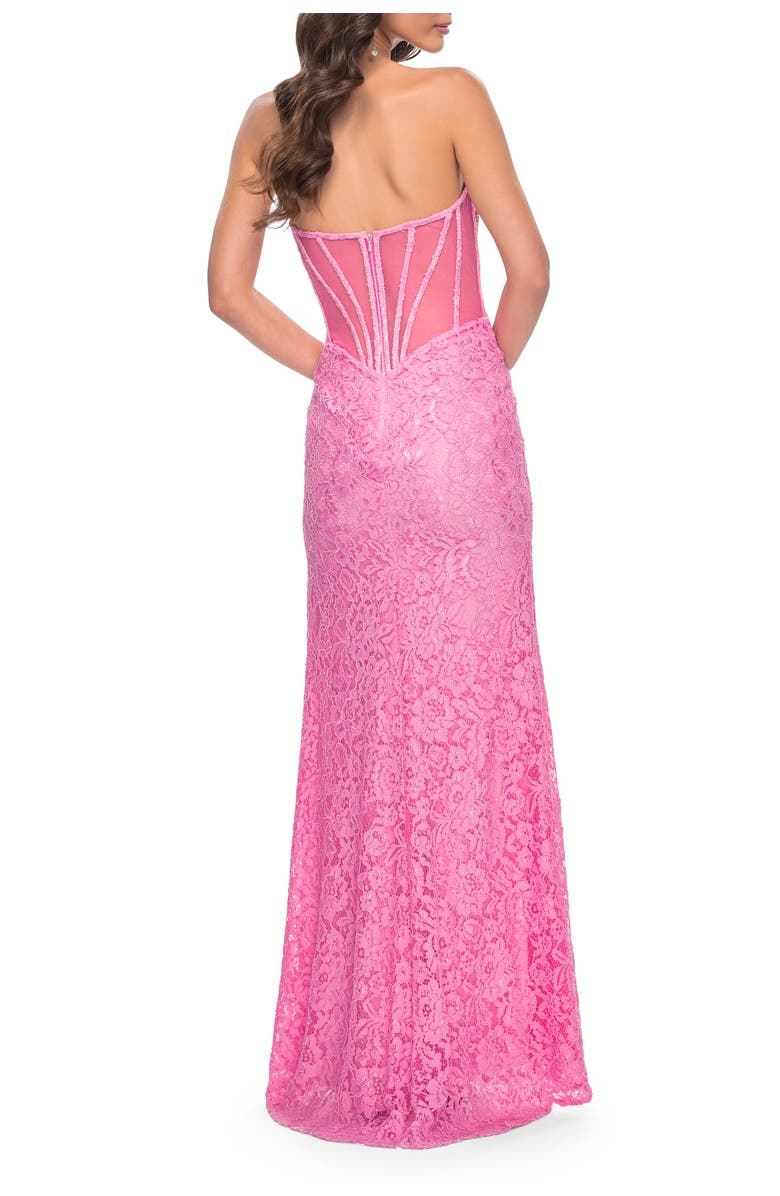 La Femme Stretch Lace Dress with Bustier Bodice and Illusion Back, Alternate, color, Pink