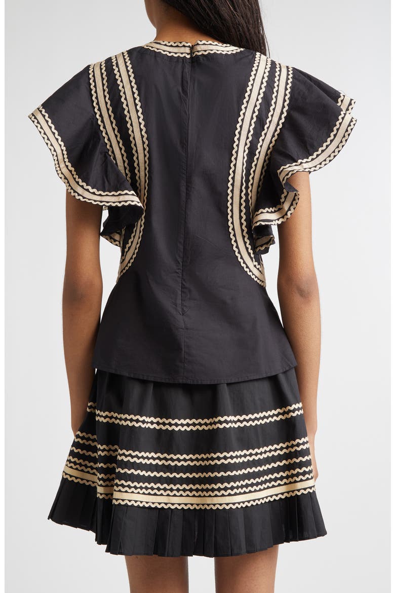 Anora Rickrack Trim Cotton Flutter Sleeve Top, Alternate, color, NOIR