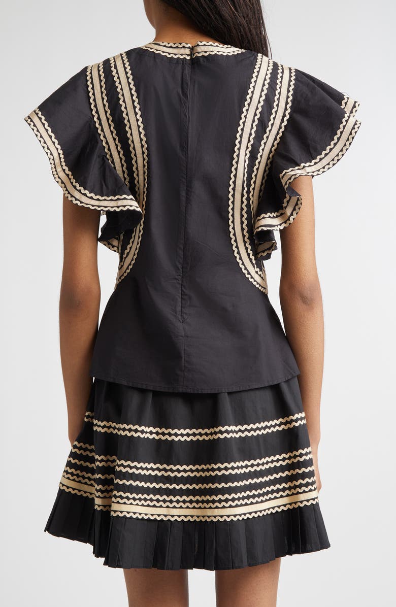Ulla Johnson Anora Rickrack Trim Cotton Flutter Sleeve Top, Alternate, color, Noir