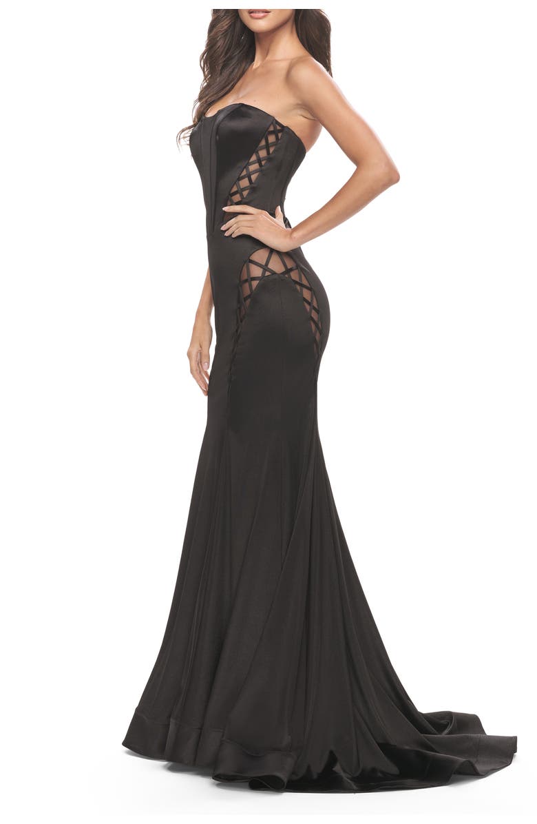 La Femme Liquid Jersey Gown with Mesh Strappy Side Panels, Alternate, color, Black