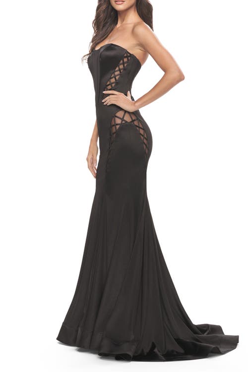 La Femme Liquid Jersey Gown With Mesh Strappy Side Panels In Black