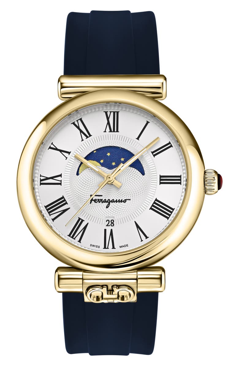 FERRAGAMO Classic Silicone Strap Watch, 42mm, Main, color, Gold