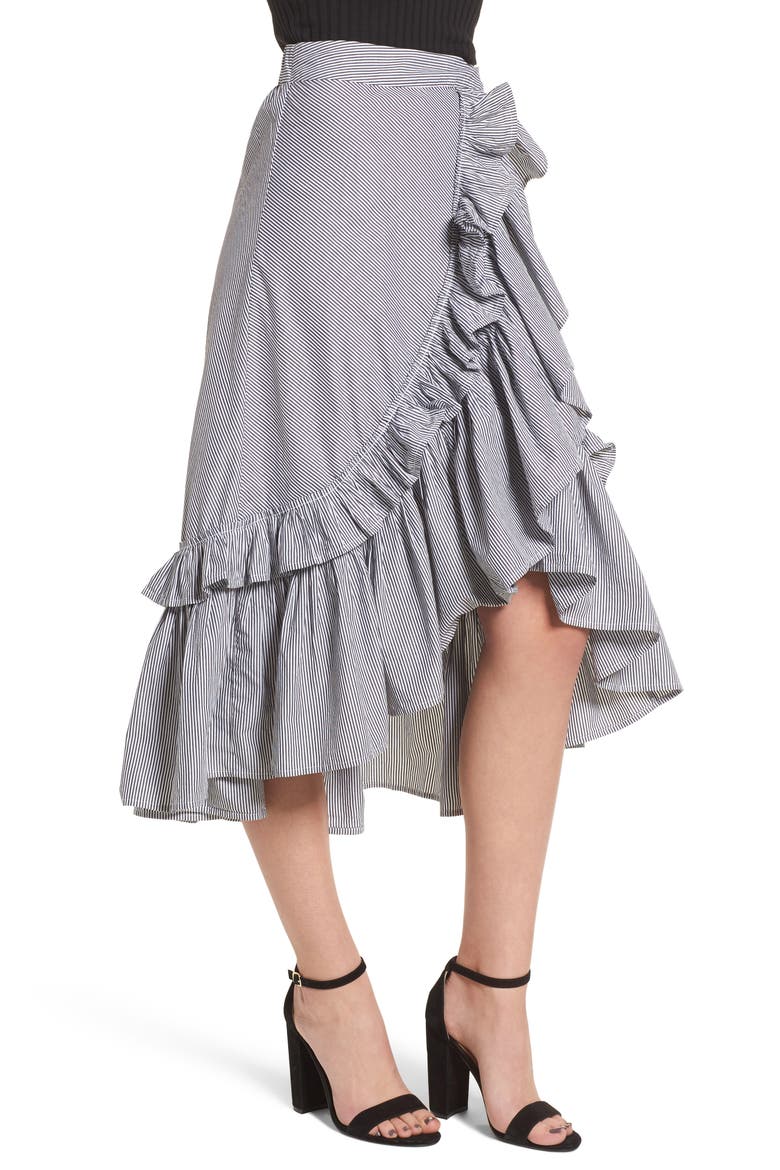 Flounce Ruffle Trim Skirt, Alternate, color, BLACK JENNY STRIPE