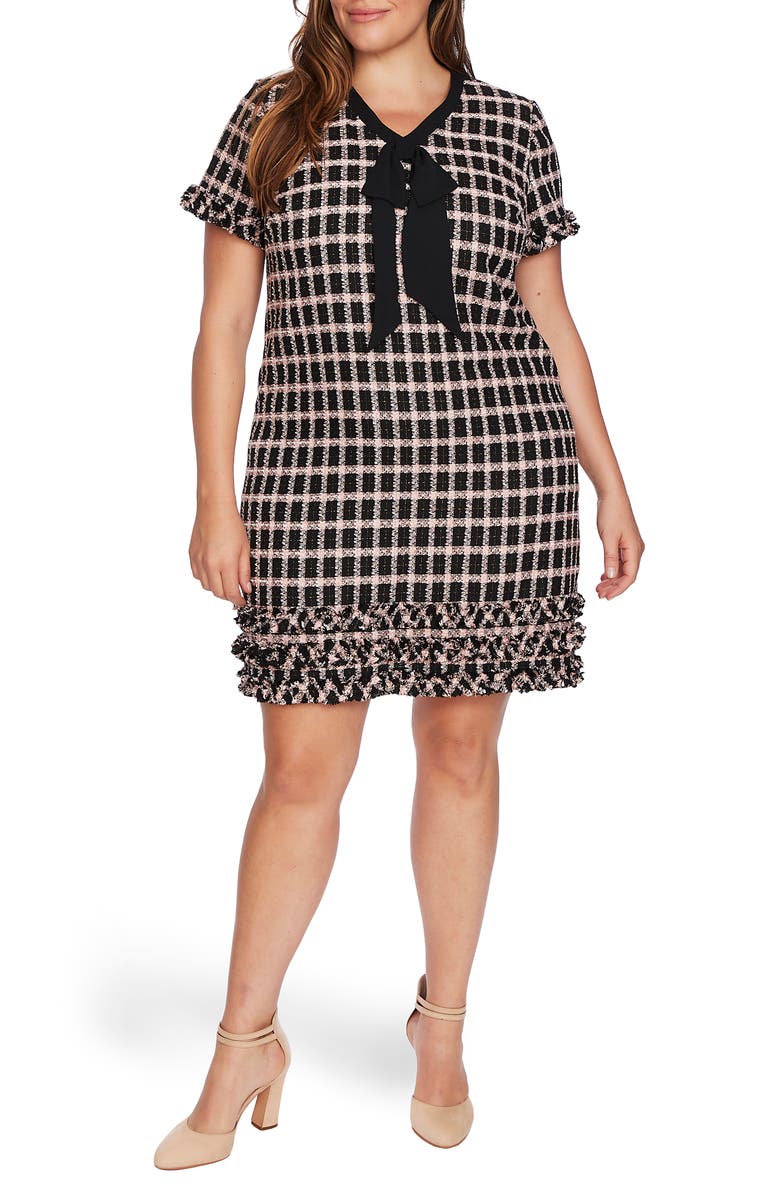 CeCe Grid Tweed Short Sleeve A-Line Dress, Main, color,