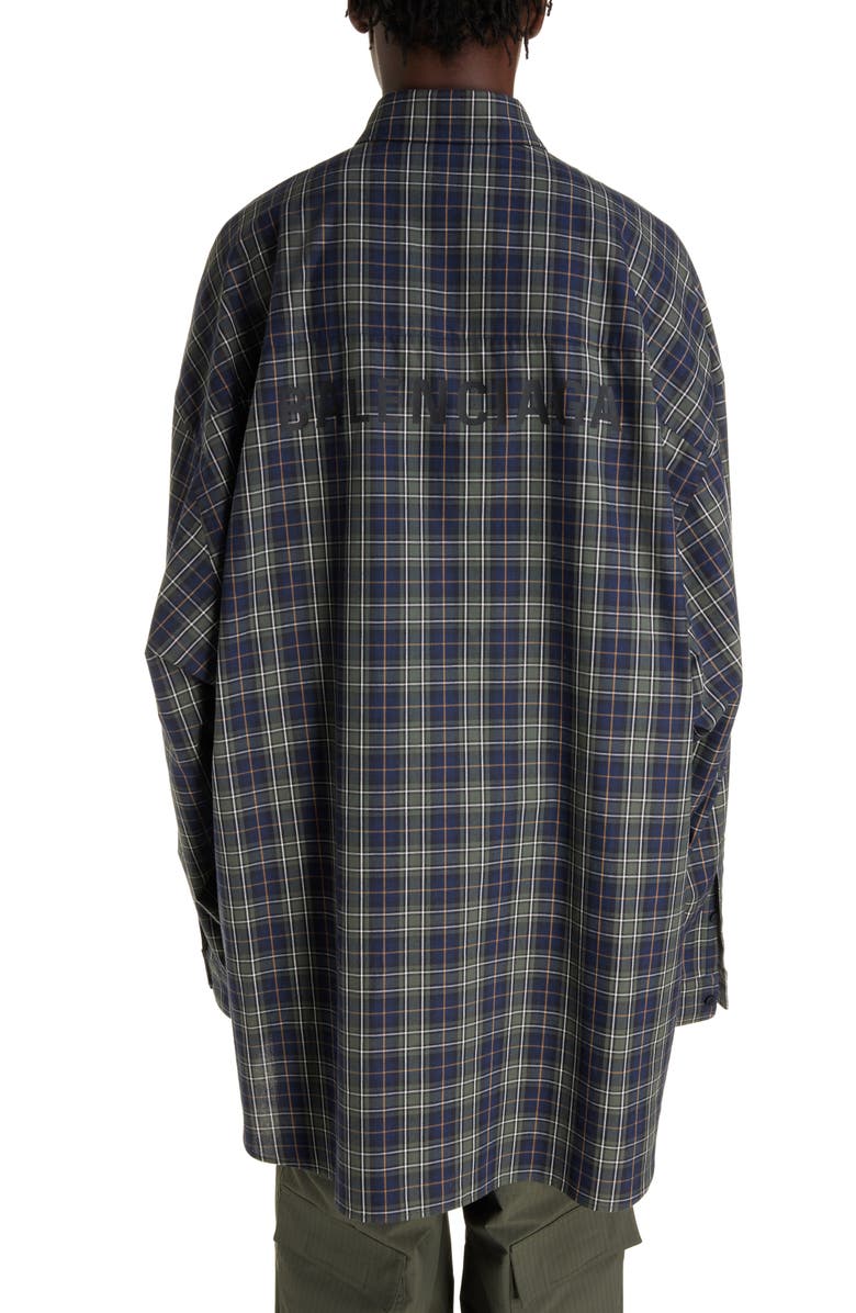 Balenciaga Check Oversize Cotton Flannel Button-Down Shirt, Alternate, color, Navy/ Khaki