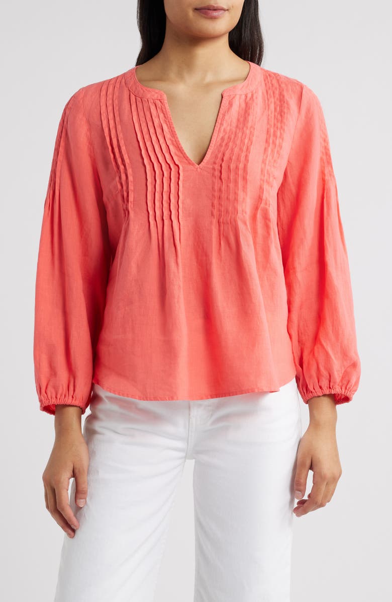Tommy Bahama Costalina Pintuck Linen Peasant Top, Main, color, Melon Berry