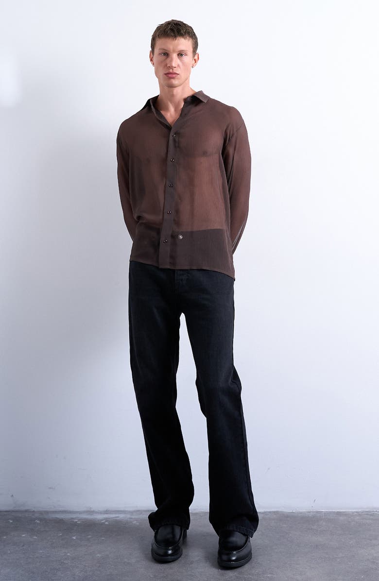 Topman Crinkle Texture Sheer Button-Up Shirt, Alternate, color, Brown