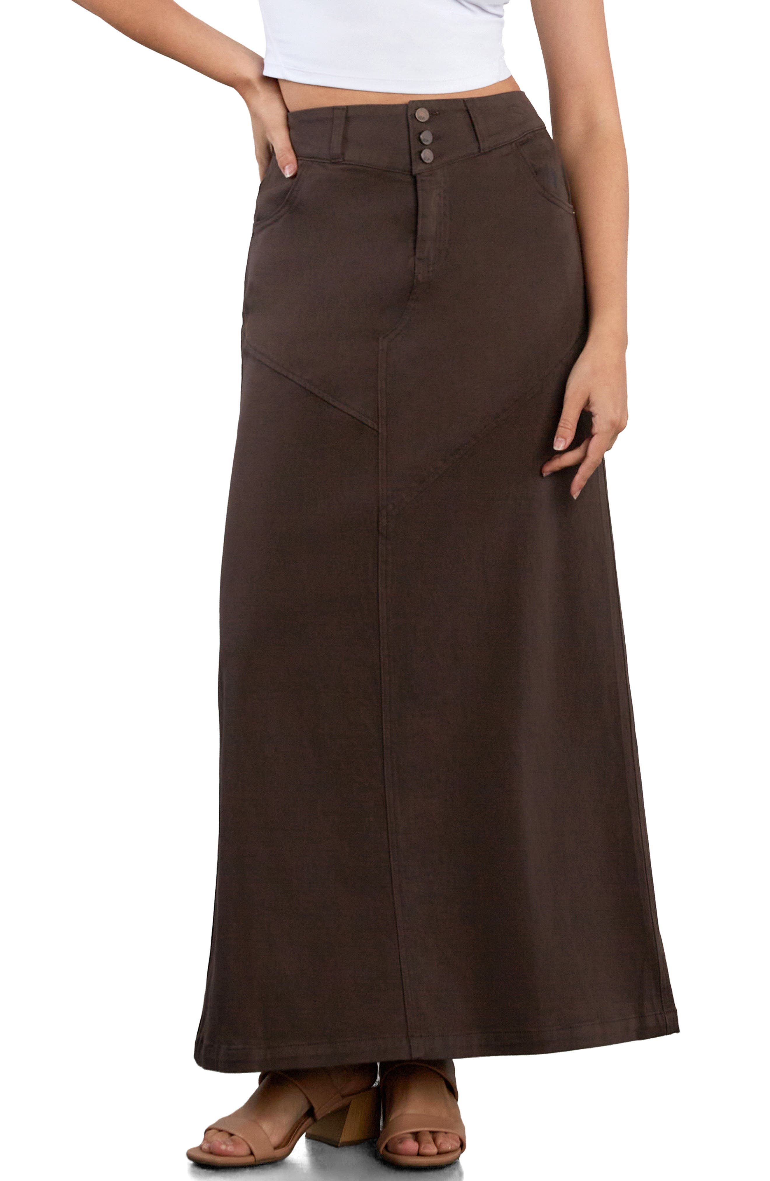Wash Lab Denim Pieced Denim Maxi Skirt In Chocolate Brown