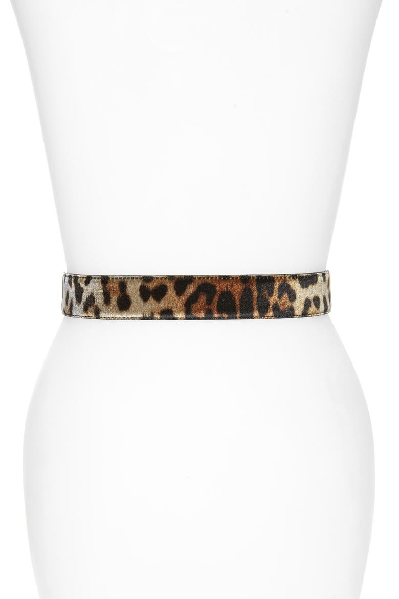 Logo Plate Leopard Print Velvet Belt, Alternate, color, GOLD/ LEOPARD