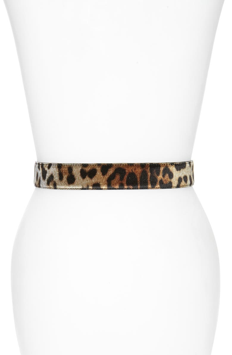 Moschino Logo Plate Leopard Print Velvet Belt, Alternate, color, 